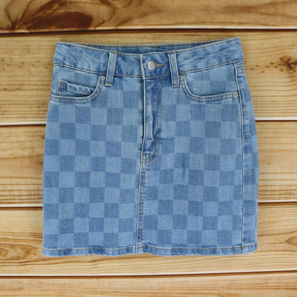 Wild Fable Jean Skirt Womens 00 Blue Light Wash Checkered Cotton Blend Pockets